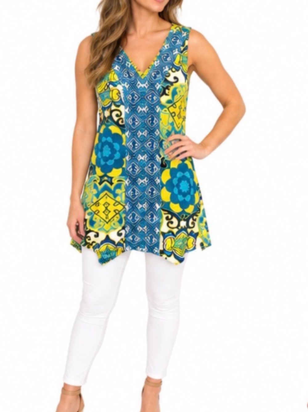Sleeveless V-Neck Tunic Top in Blue and Yellow Graphic Print